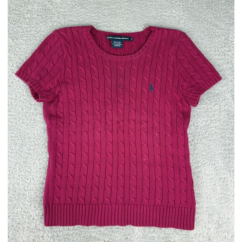 Ralph Lauren Sport Women M Pink Cable Knit Short Sleeve Cotton Sweater Pony